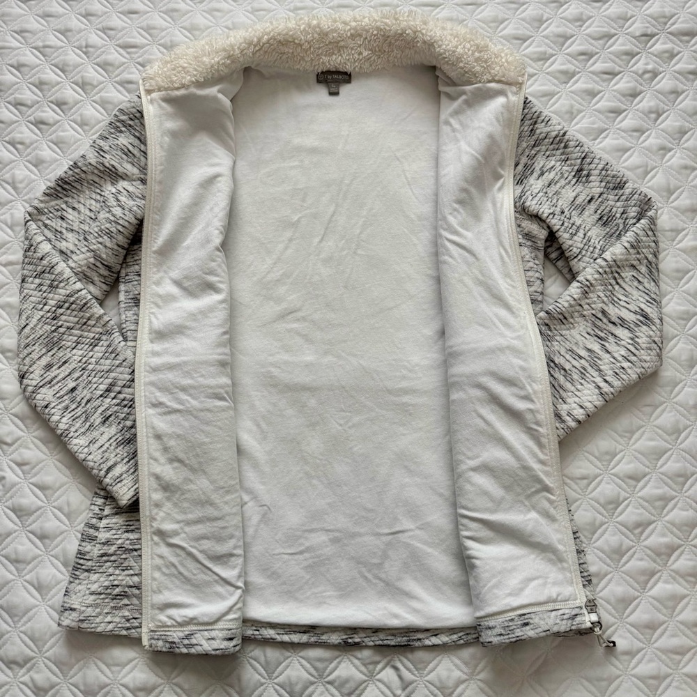 T by Talbots Fleece-Trim Quilted Jacquard Full Zip Jacket Gray Ivory Size SP - Picture 9 of 16